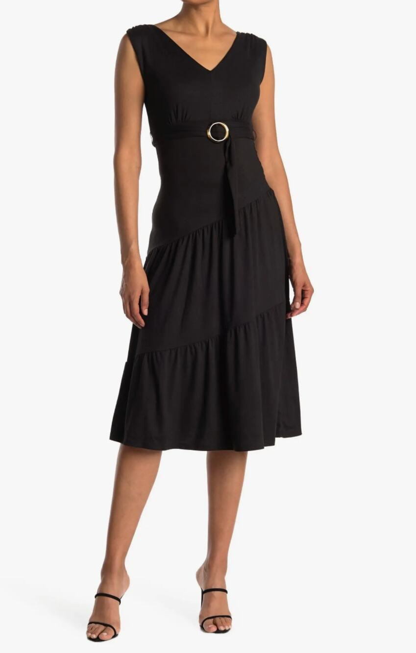Velvet Torch Belted Tiered Hem Midi Dress Black Size L Classic V Neck Sleeveless